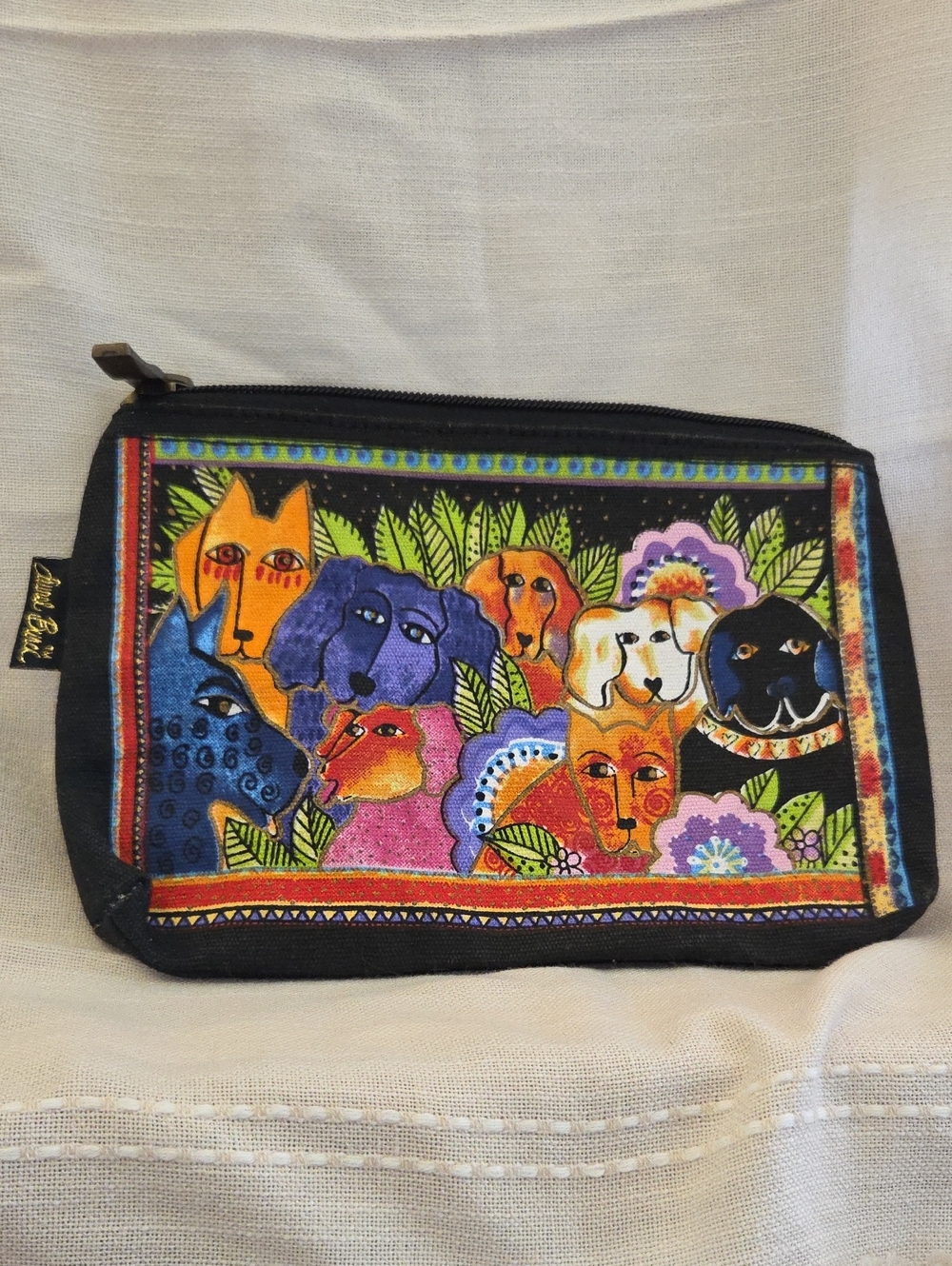Laurel Burch Black Multicolor Canvas Pet Portrait Zip Pouch